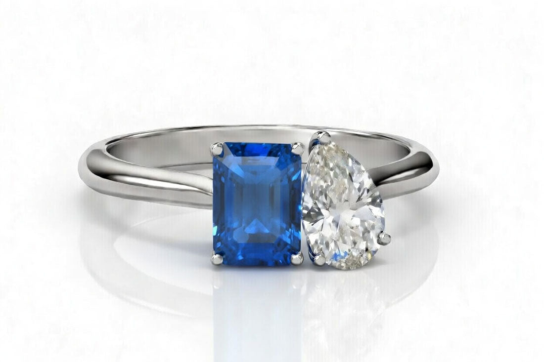 Toi et Moi lab grown blue sapphire emerald with lab grown diamond pear in white gold solitaire ring - Quorri