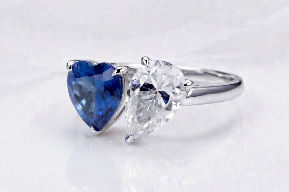 Toi et Moi lab grown blue sapphire heart with lab grown pear diamond white gold -  Quorri