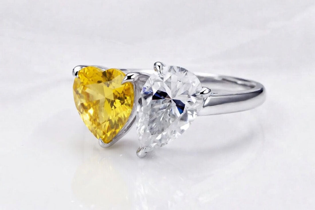 Toi et Moi lab grown canary yellow sapphire heart with lab grown pear diamond white gold -  Quorri