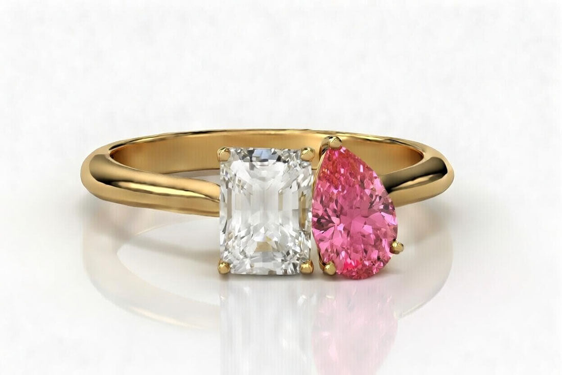 Toi et Moi lab diamond emerald with pink sapphire  pear in white gold solitaire ring - Quorri