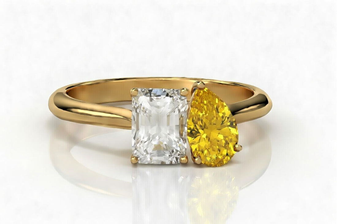 Toi et Moi 2 carat lab diamond emerald with 2 carat yellow sapphire pear in yellow gold solitaire ring - Quorri