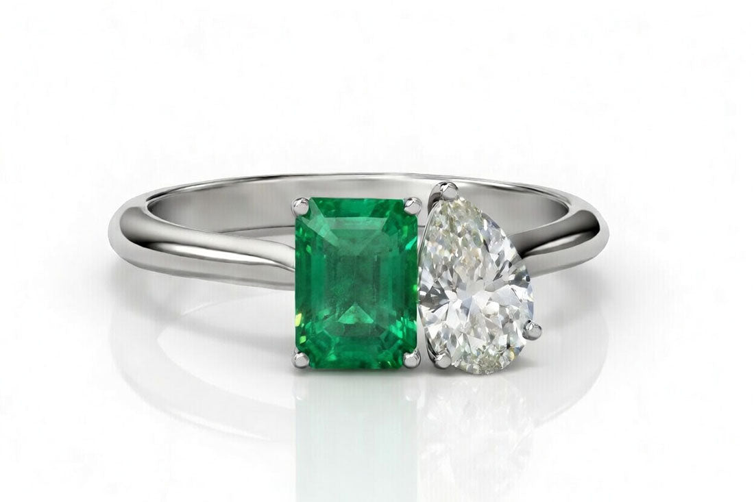 Toi et Moi lab grown green emerald - emerald cut with lab grown diamond pear in white gold solitaire ring - Quorri