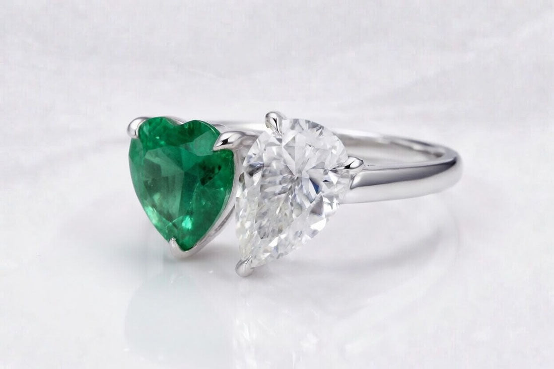 Toi et Moi lab grown green emerald heart with lab grown pear diamond white gold -  Quorri