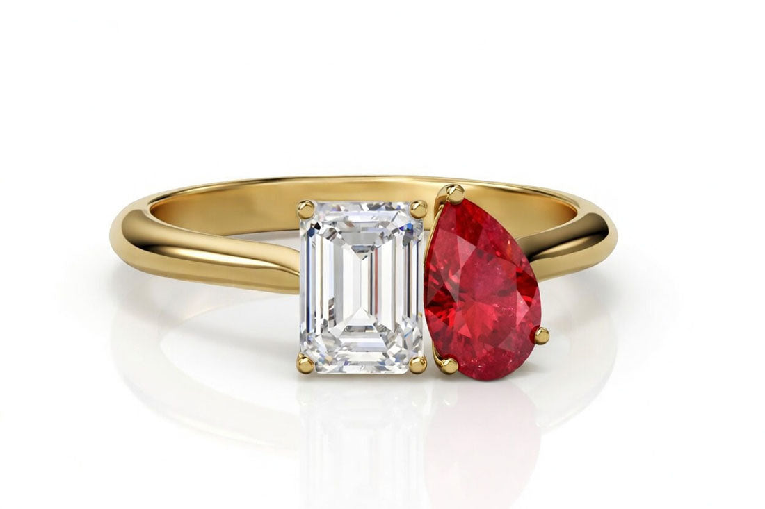 Toi et Moi 2 carat lab diamond emerald with 2 carat blood red ruby pear in yellow gold solitaire ring - Quorri