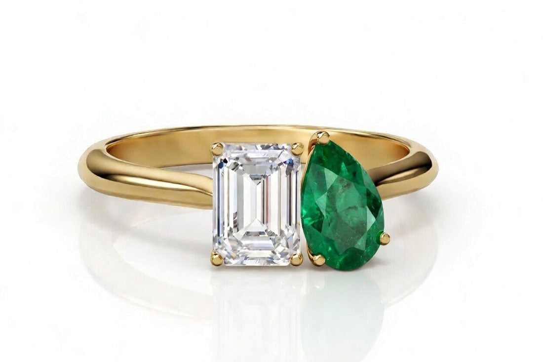 Toi et Moi 2 carat lab diamond emerald with 2 carat lab grown green emerald pear in yellow gold solitaire ring - Quorri