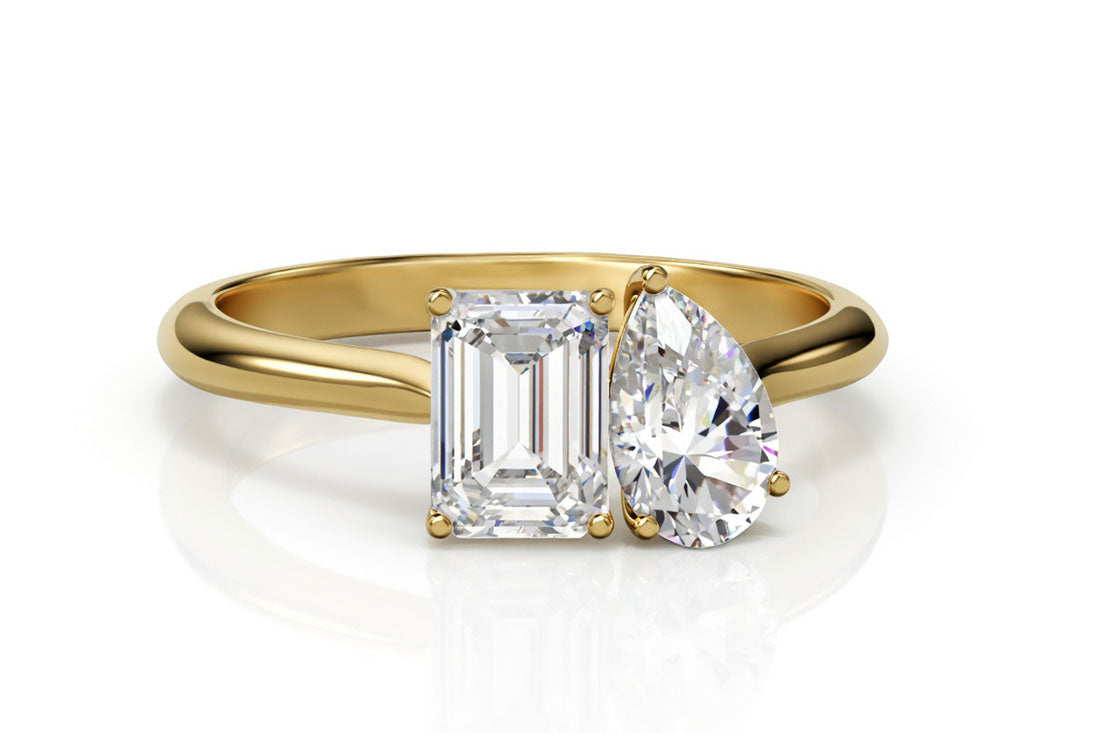 Toi et Moi 2 carat lab diamond emerald with 2 carat lab diamond pear in yellow gold solitaire ring - Quorri
