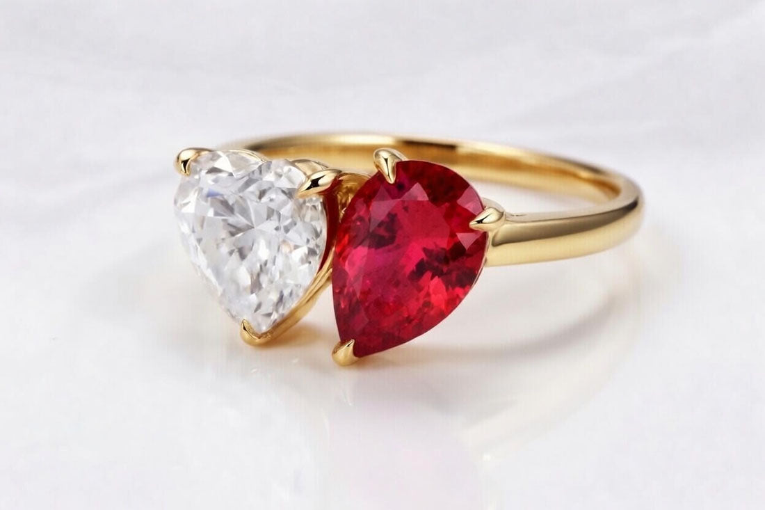 Toi et Moi lab grown heart diamond with lab grown blood red ruby pear in yellow gold -  Quorri