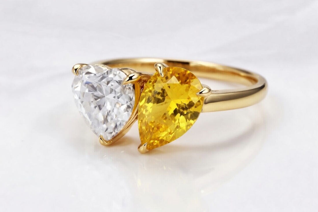 Toi et Moi lab grown heart diamond with lab grown yellow sapphire yellow gold -  Quorri