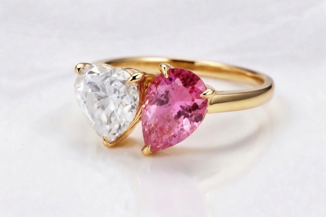 Toi et Moi lab grown heart diamond with lab grown pink pear sapphire yellow gold -  Quorri