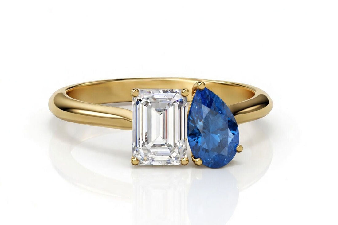 Toi et Moi 2 carat lab diamond emerald with 2 carat blue sapphire pear in yellow gold solitaire ring - Quorri