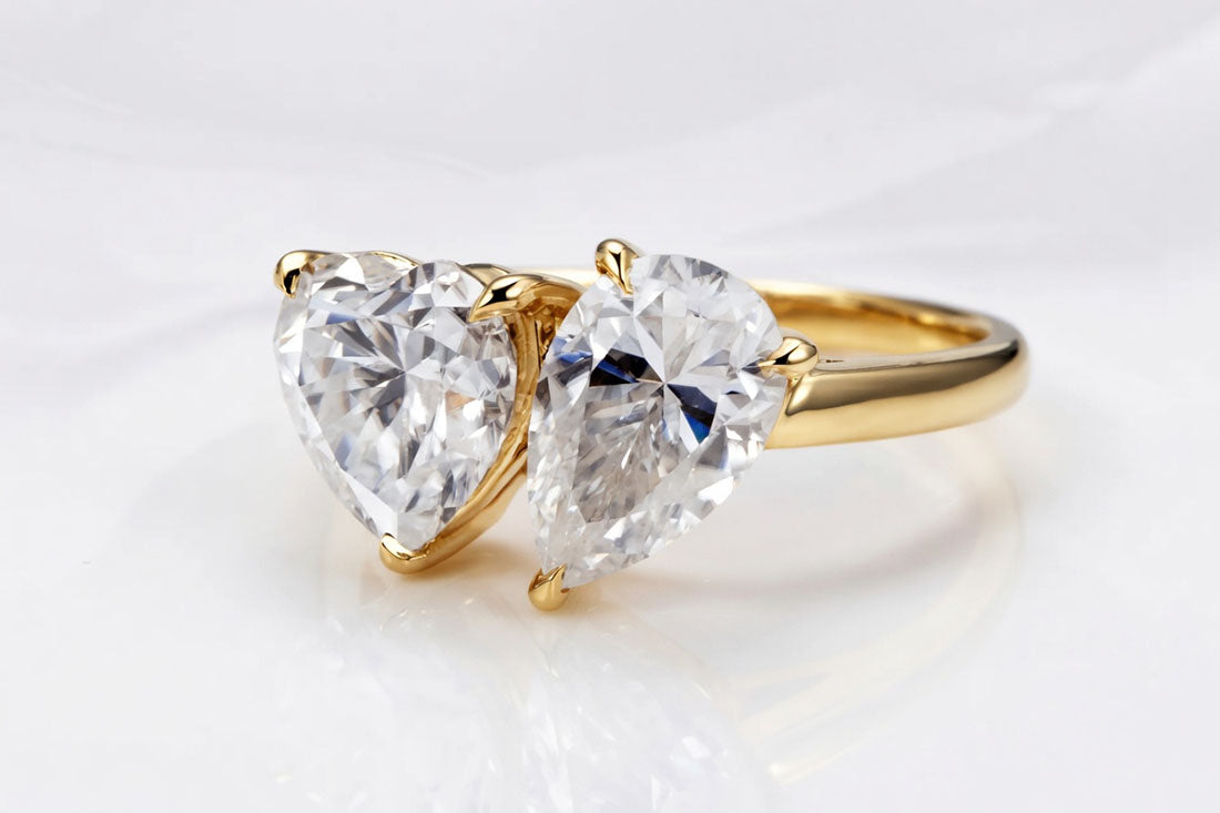 Toi et Moi lab grown heart diamond with lab grown pear diamond in yellow gold -  Quorri