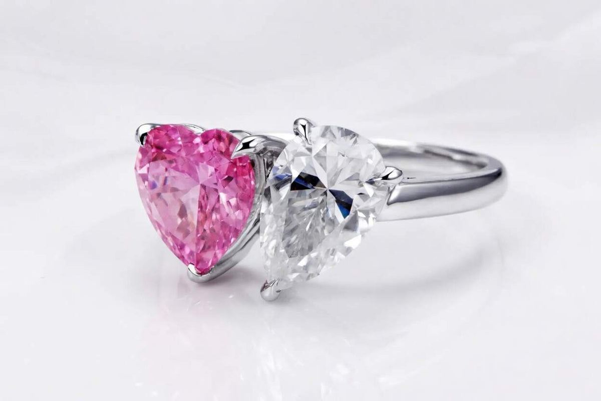 Toi et Moi lab grown pink sapphire heart with lab grown pear diamond white gold -  Quorri