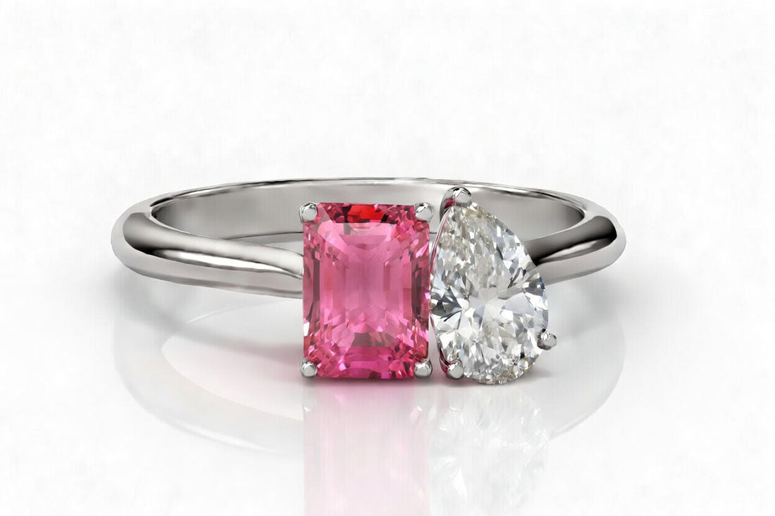 Toi et Moi pink sapphire emerald with lab diamond pear in white gold solitaire ring - Quorri