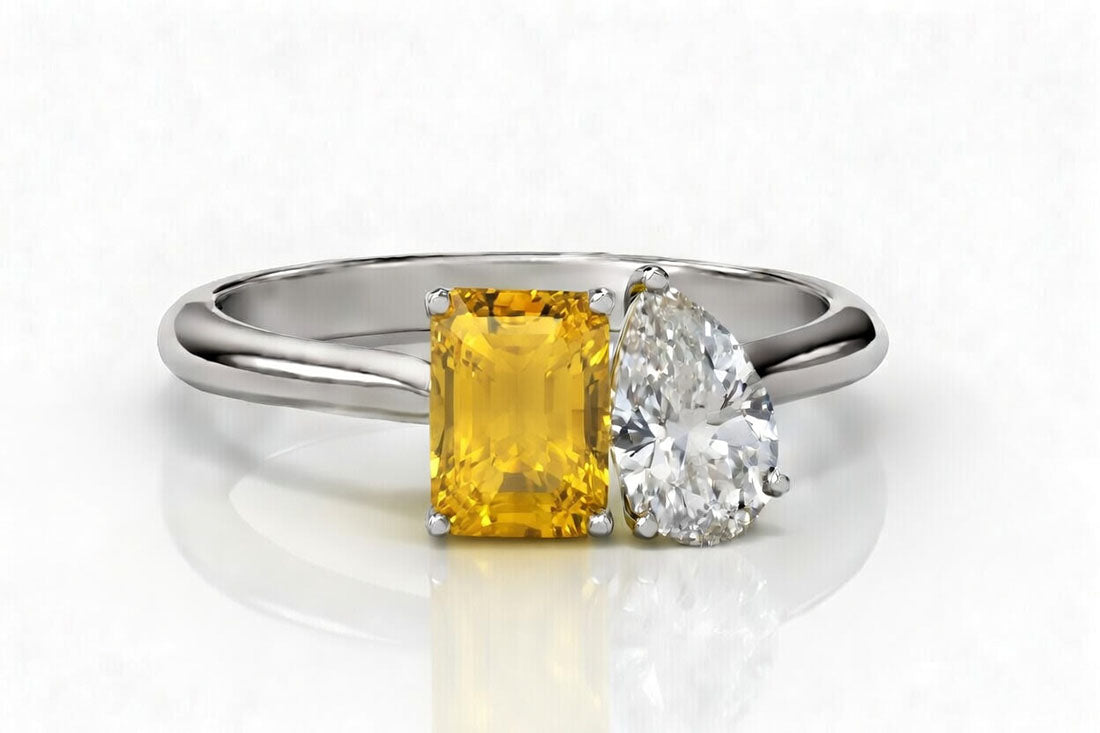 Toi et Moi 2 carat yellow sapphire emerald with 2 carat lab diamond pear in white gold solitaire ring - Quorri