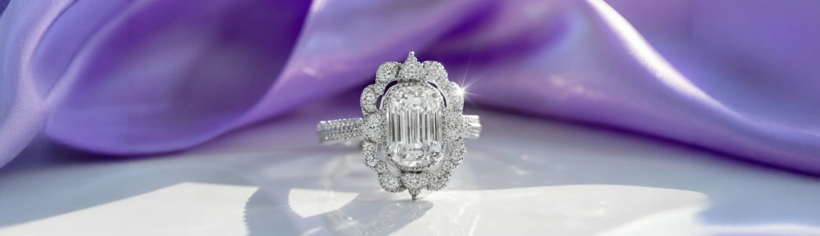 vintage 3 carat elongated cushion lab diamond engagement ring with diamond halo and dual accented band white gold Quorri