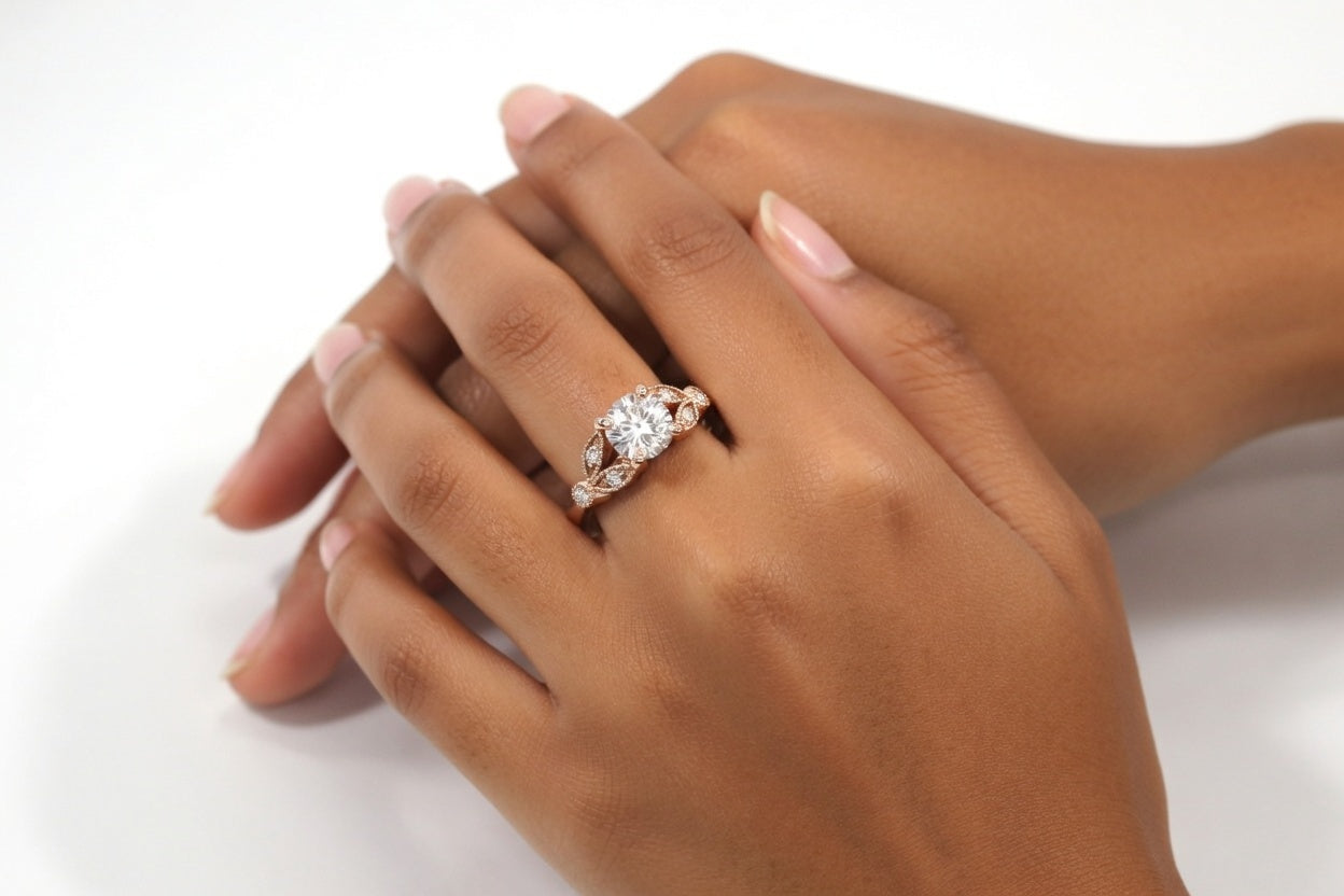round lab diamond vintage antique accented engagement ring with petal design in rose gold - Quorri 