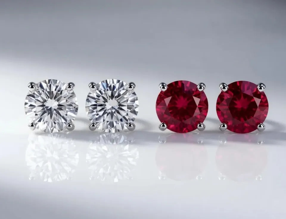 white lab diamond stud earrings next to a lab grown ruby stud earrings at Quorri