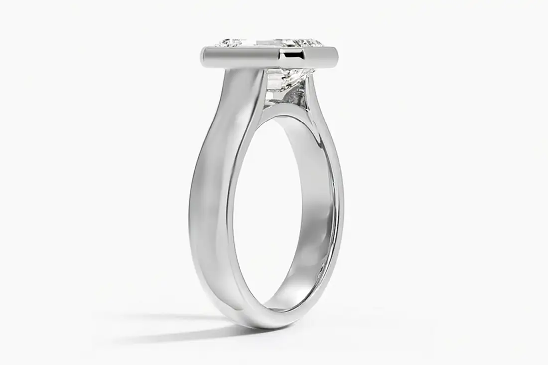 wide platinum band emerald lab diamond solitaire ring - Quorri
