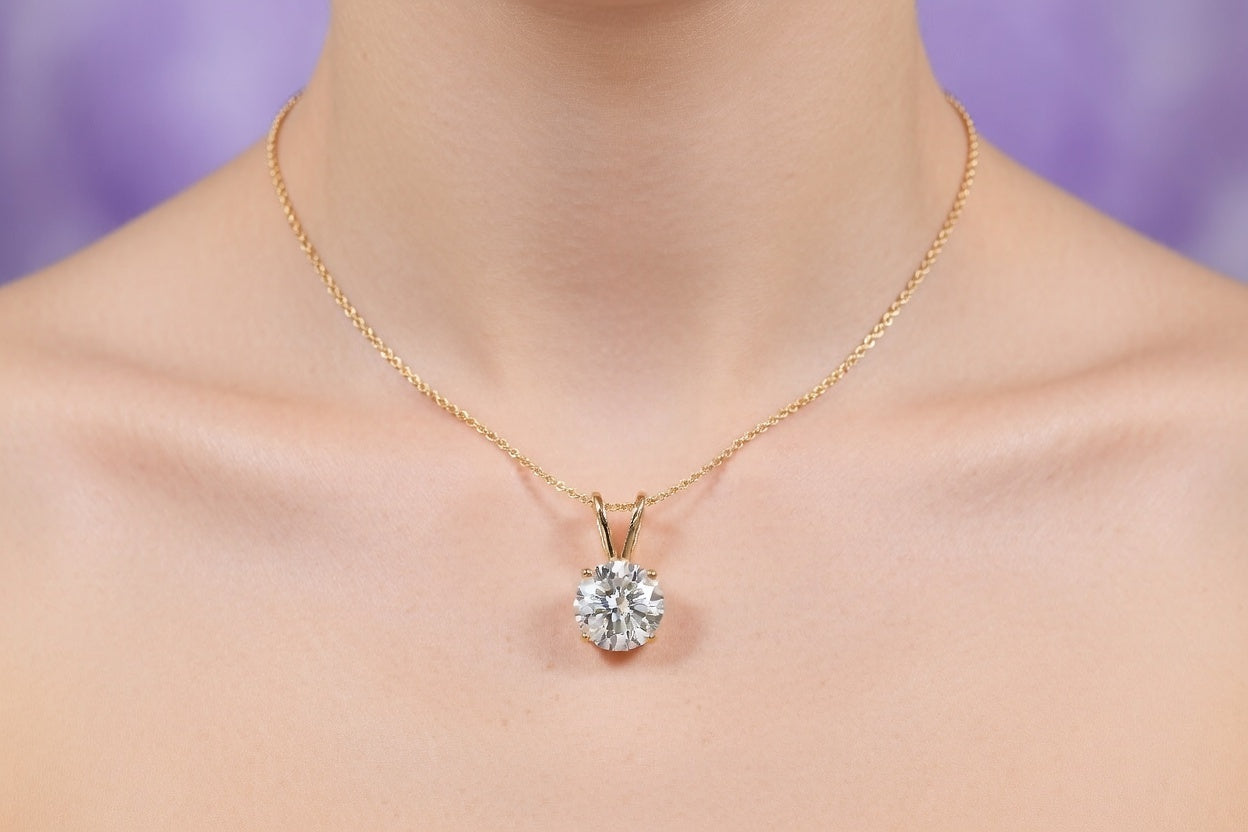 yellow gold 3 carat round lab grown diamond solitaire pendant in yellow gold with chain -Quorri