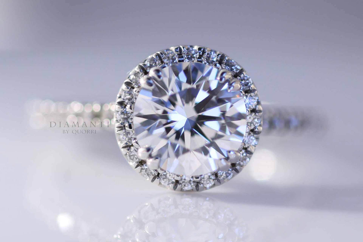 classic designer white gold 3 carat round halo lab diamond engagement ring at Quorri