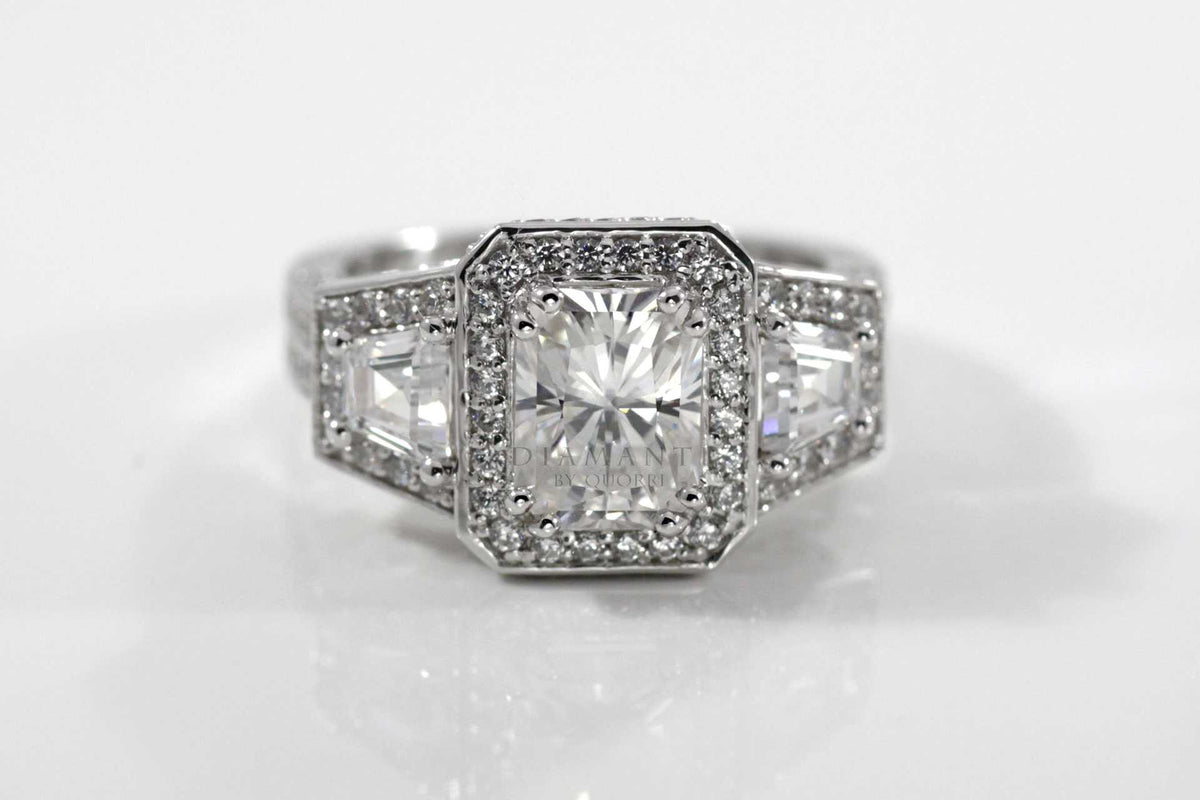 three stone radiant cut moissanite lab diamond ring Canada