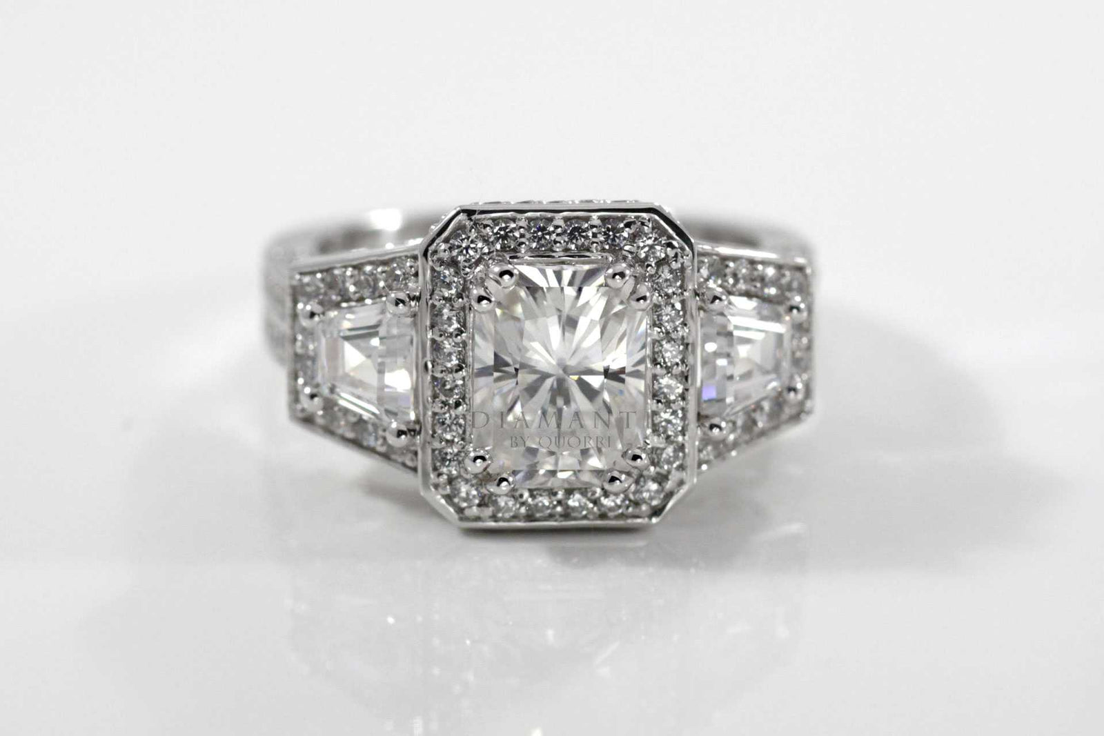 three stone radiant cut moissanite lab diamond ring Canada