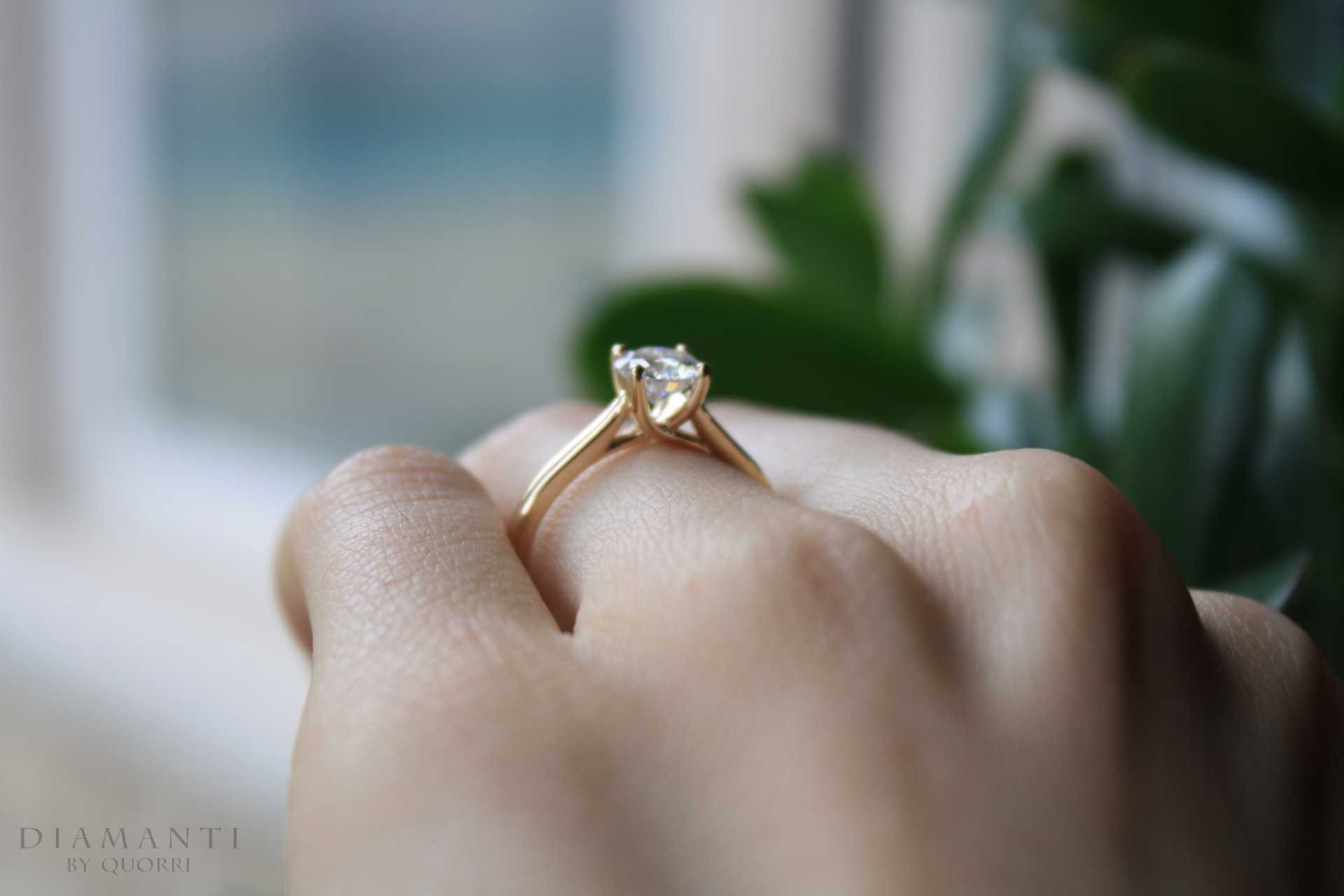 affordable petite style lab diamond solitaire ring in yellow gold Quorri